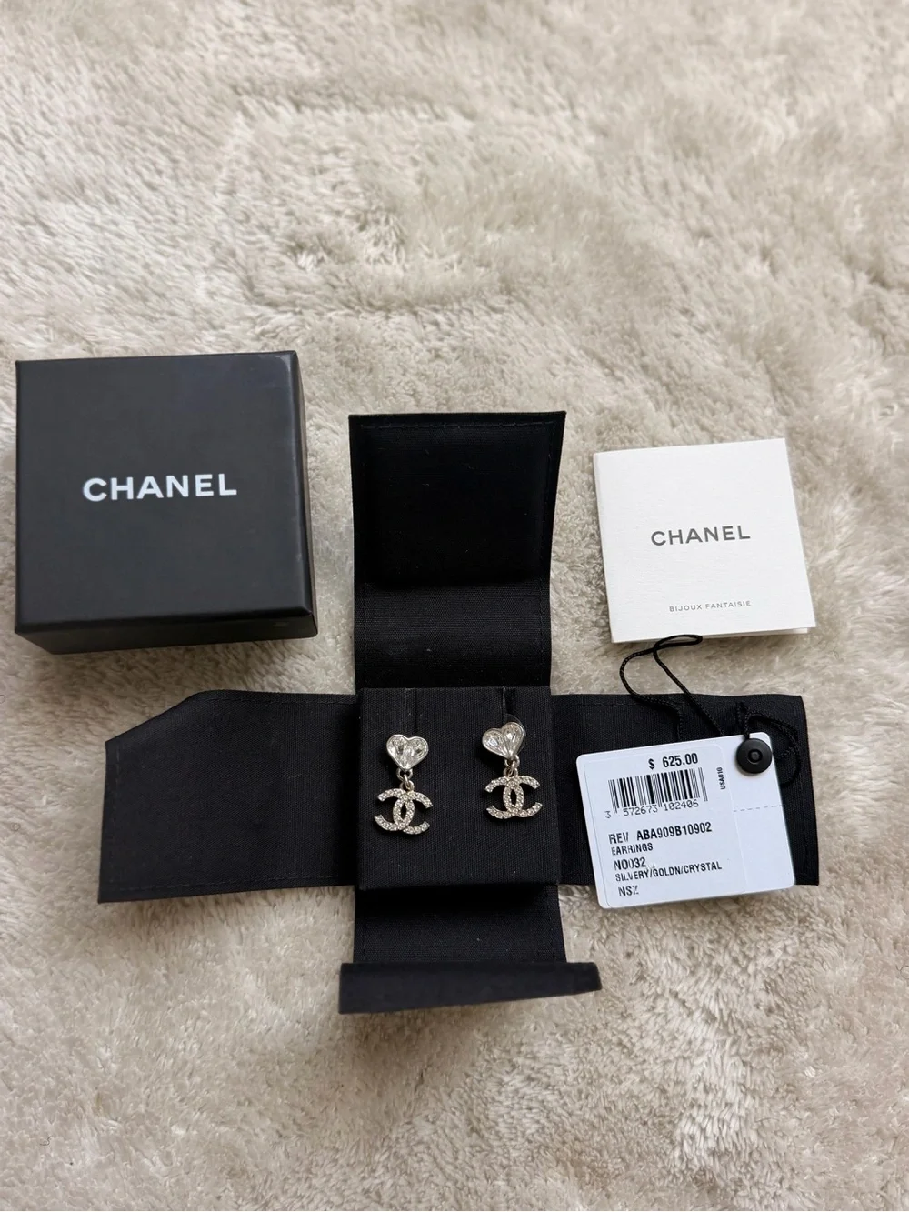 CHANEL Silver Crystal CC Heart Drop Earrings